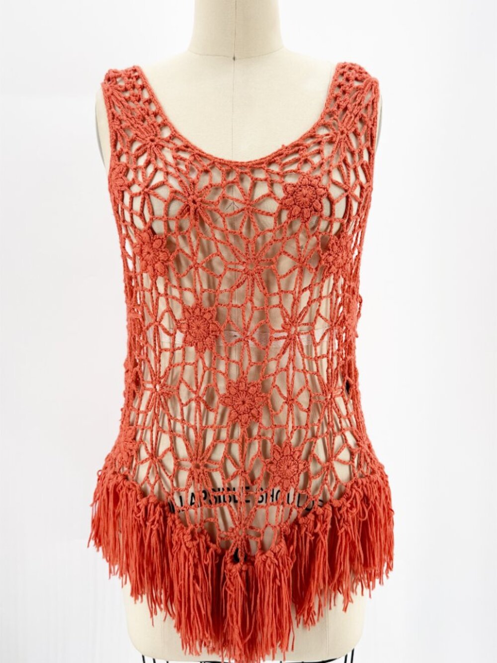 Y2K Lisa International rustic orange fringe knit crochet boho tank top M - Picture 9 of 9
